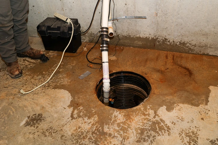 Licensed plumber performing a sump pump replacement with an integrated battery backup system for flood protection