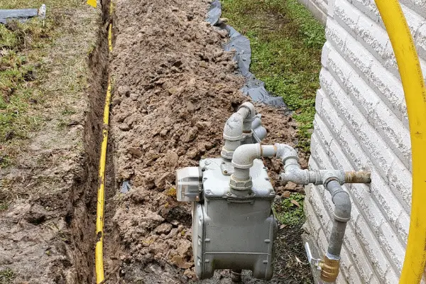Underground gas line repair showing a new flexible yellow poly gas pipe installed in an excavated trench